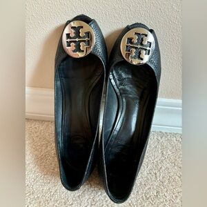 Tory Burch Logo Open Toe Wedge Heel Pump